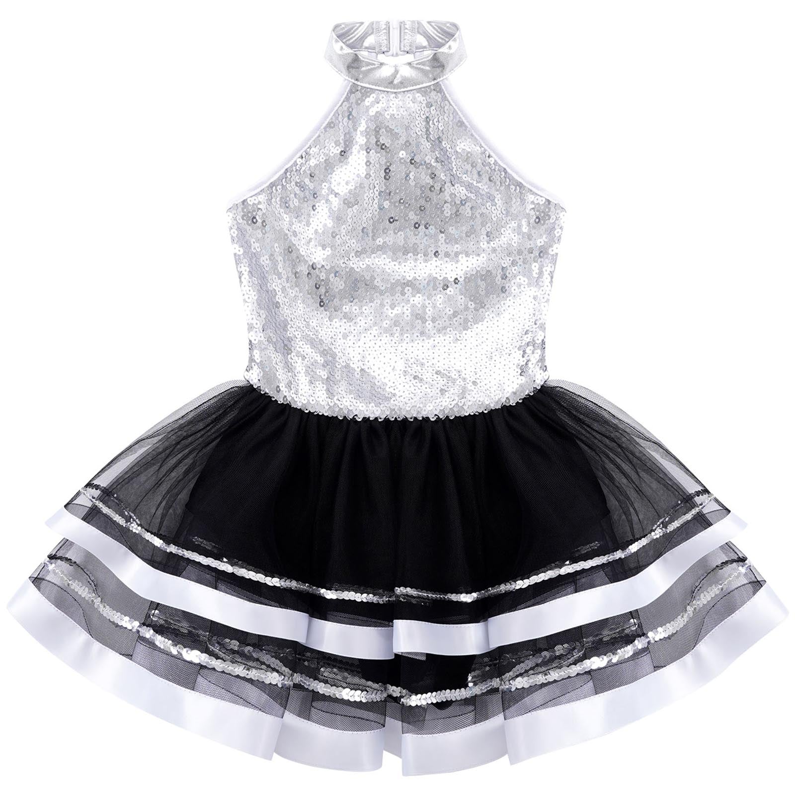 Jazz Dance Costume Kids Halter Shiny Sequins Gymnastics Unitards Dress Girls Ballet Leotard Tutu Stage Performance Clothing