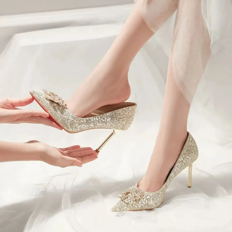 Womens High Heel Shoes Fad Elegant Crystal Pointed Toe Pumps Retro Shallow Mouth Banquet Party Wedding Women Shoes Zapatos Mujer