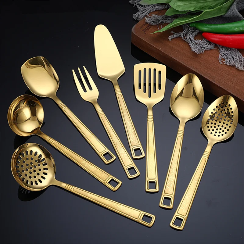 Stainless Steel Kitchen Gold Cooking Utensils Hollow Shovel Spatula Large Salad Spoon Fork Stirring Serving Tableware