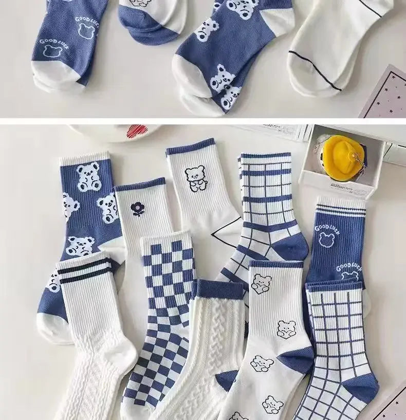 Women's Socks Warm Socks In Autumn and Winter Blue Socks Students High-top Striped Checkered Sports Stockings