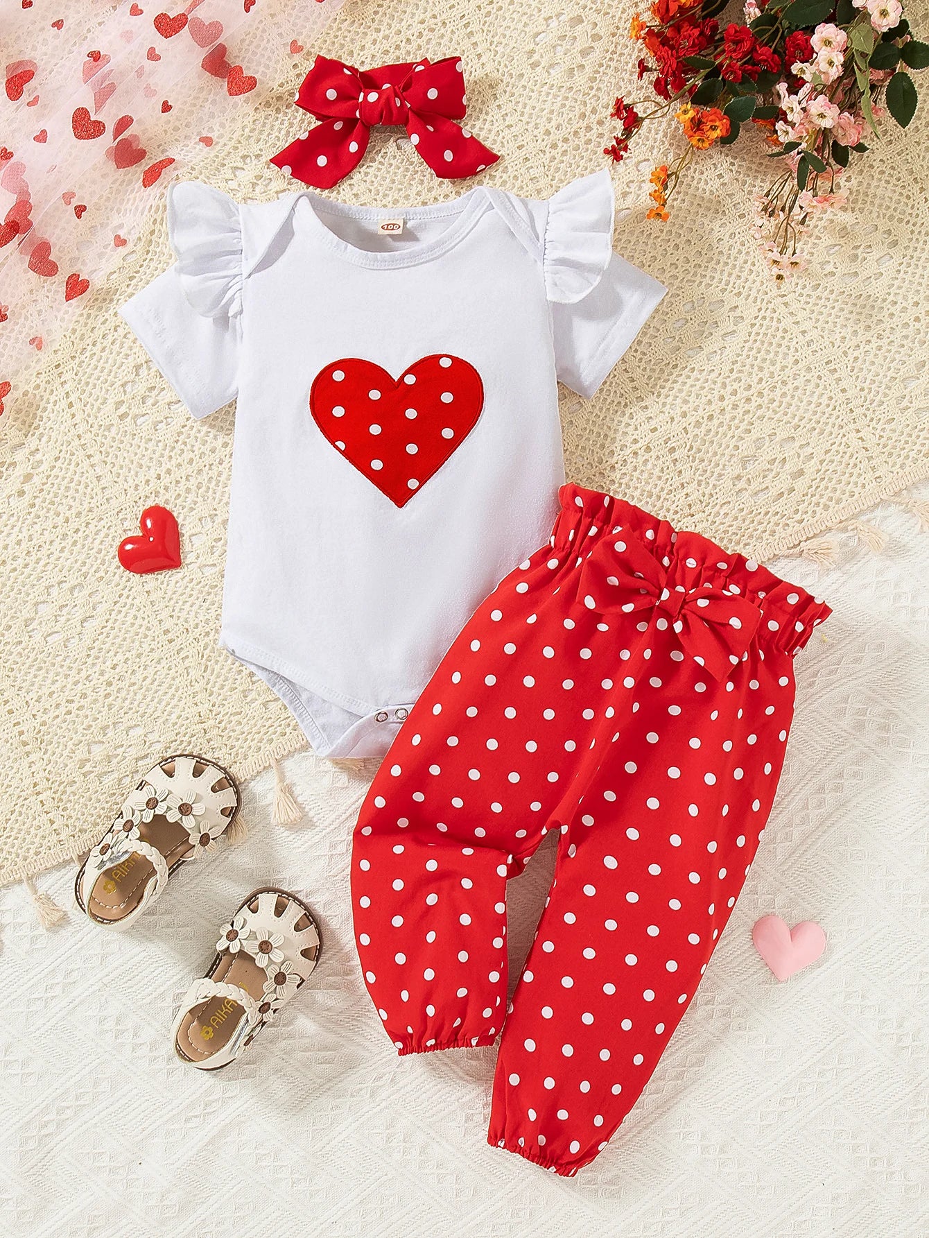 3PCS Newborn Baby Girl Clothes Set Love Heart Long Sleeve Romper+Pant+Headband Fashion Outfits for Toddler Girl 0-18 Months
