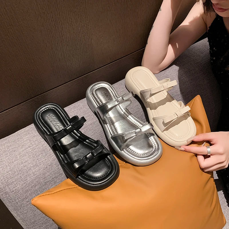 Summer Women Platform Slide Sandals Bow Decor Open Toe Non Slip Soft Sole Casual Shoes for Daily Outdoor Beach Vacation Wear