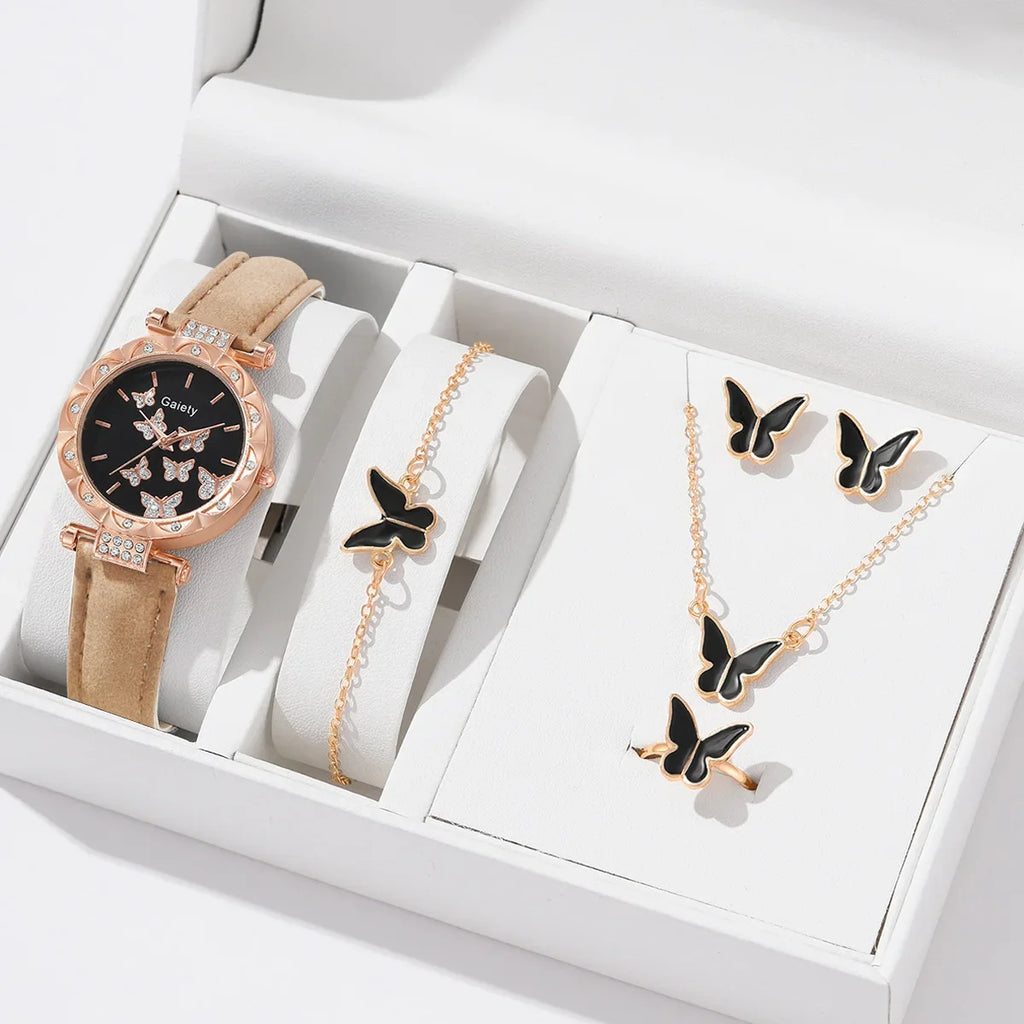 6/1pcs Set Watch for Women Cute Butterfly Crystal Rhinestone Women Watches Ring Necklace Earrings Bracelet Set (No Box) 시계