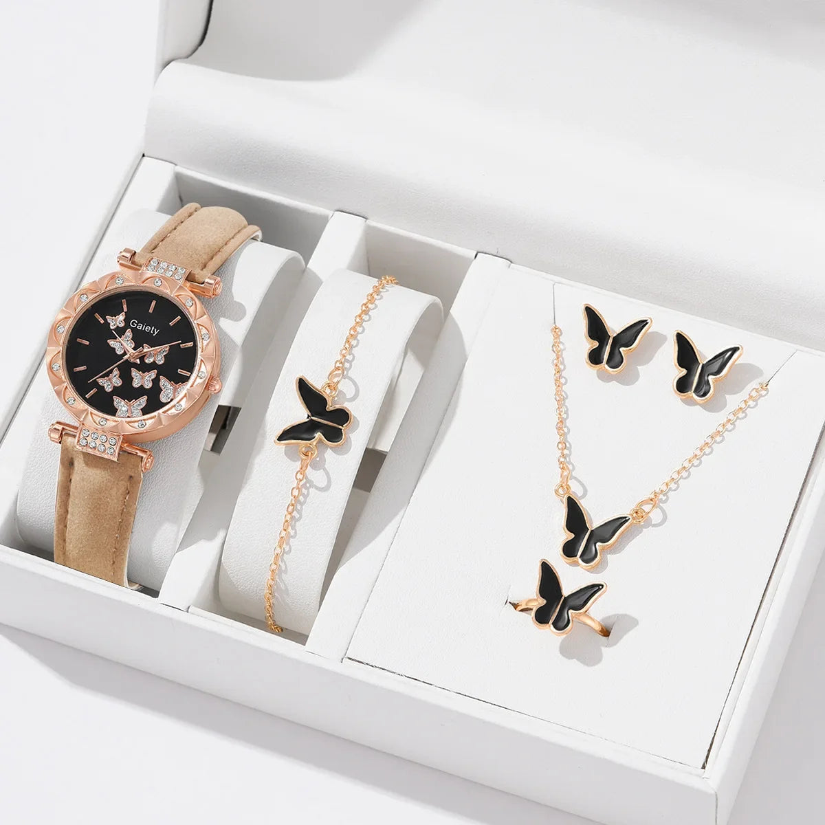 6/1pcs Set Watch for Women Cute Butterfly Crystal Rhinestone Women Watches Ring Necklace Earrings Bracelet Set (No Box) 시계