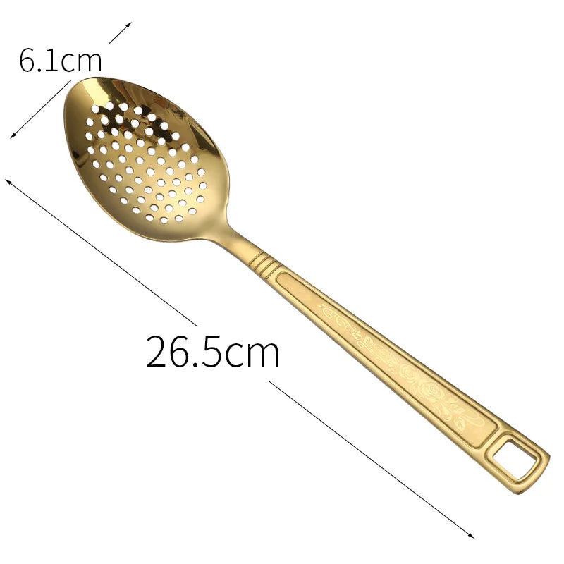 Stainless Steel Kitchen Gold Cooking Utensils Hollow Shovel Spatula Large Salad Spoon Fork Stirring Serving Tableware