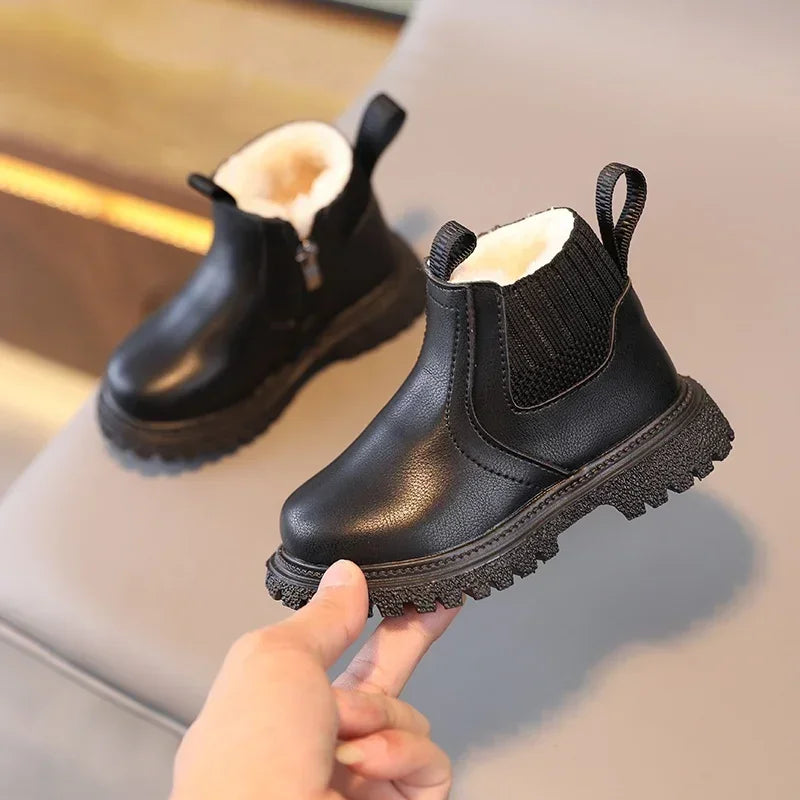 Autumn Winter Kid Boys Girls Casual Ankle Boots Comfortable Simple Side Zipper Leather Boots Velvet Warm Non-Slip Boots