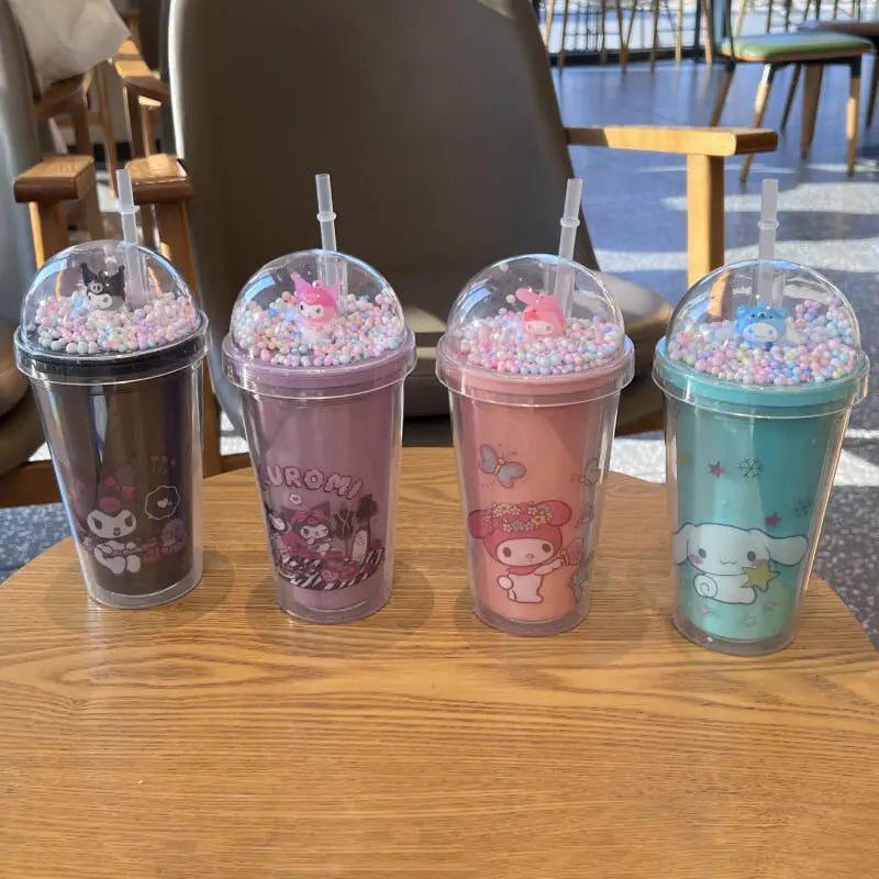 Sanrio Kawaii Anime Water Bottle Kuromi Double-Layer Plastic Cup Water Cup Cinnamoroll Portable Sport Mug Straw Water Cup Gifts