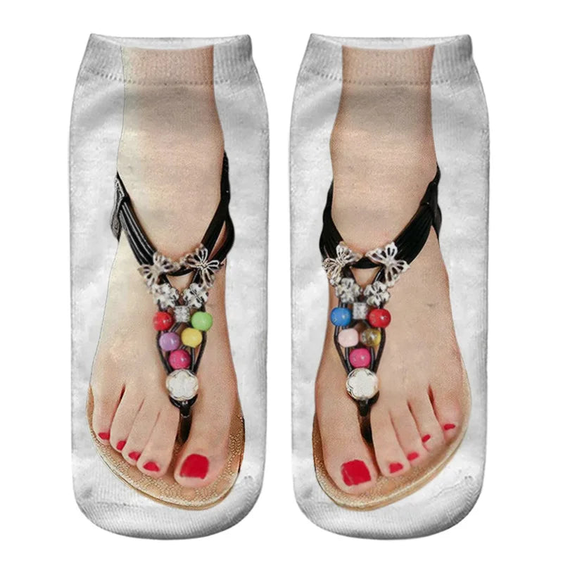 Funny 3D Printed Socks Flip Flops Slippers Sandals Skull Shoe Pattern Summer Cute Kawaii Low Short Soft  Ankle Beach Floor Socks