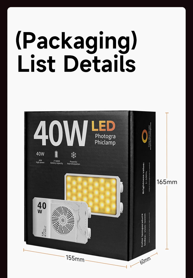 New 40W LED Camera Light 2500K-9000K Bi-Color 4400mAh Video Lamp Handle Portable Light Photography Light With CCT On Camera
