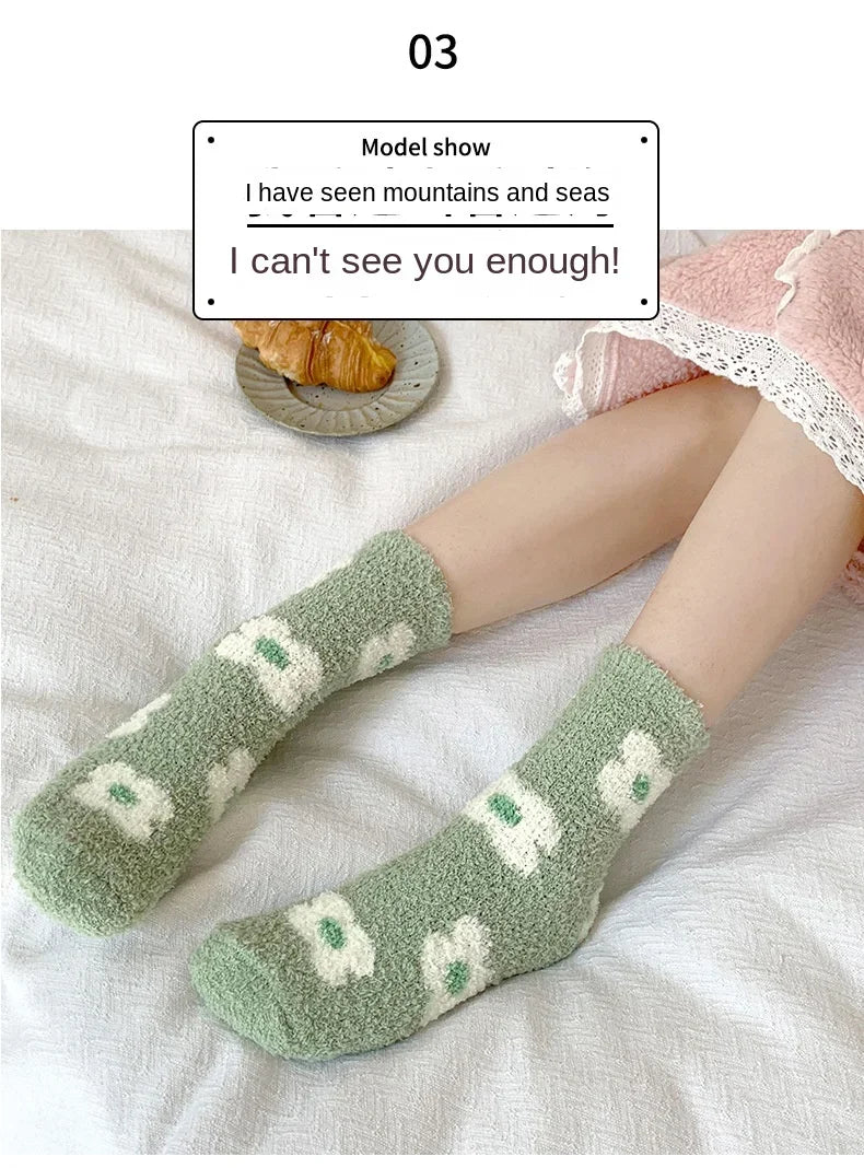 Japanese Kawaii Cute Socks Autumn Winter Thicken Warm Soft Plush Women Socks Coral Fleece Thermal Homewear Floor Sleeping Socks