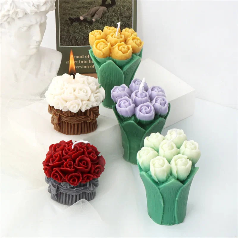 DIY Bowknot Rose Flower Candle Mold Cylinder Rose Floral Pillar Silicone Mold Wedding Decor Valentine's Day Gift Christmas decor