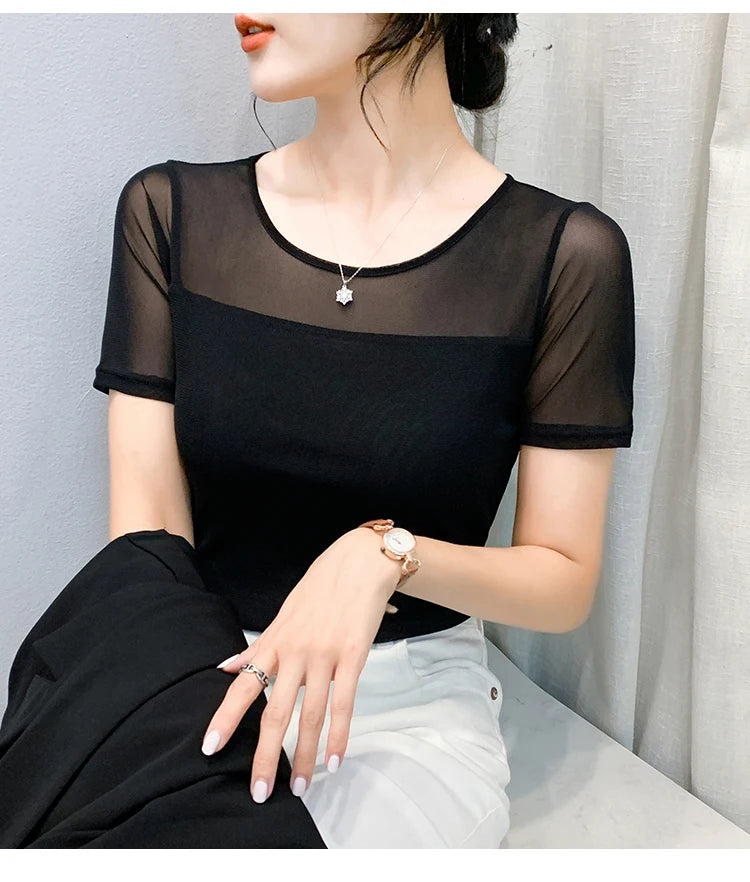 Summer New round Ne ort Sve Me Base irt Sexy Dance Inner Wear Slimming  Color Top Thin T-irt Casual Sle