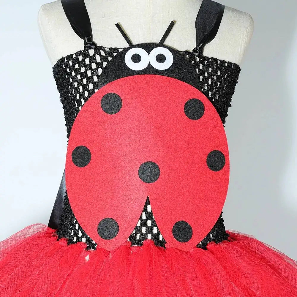 Black Red Lady Beetle Costumes for Baby Girls Ladybird Tutu Dress with Wings Kids Halloween Outfit Children Birthday Clothes