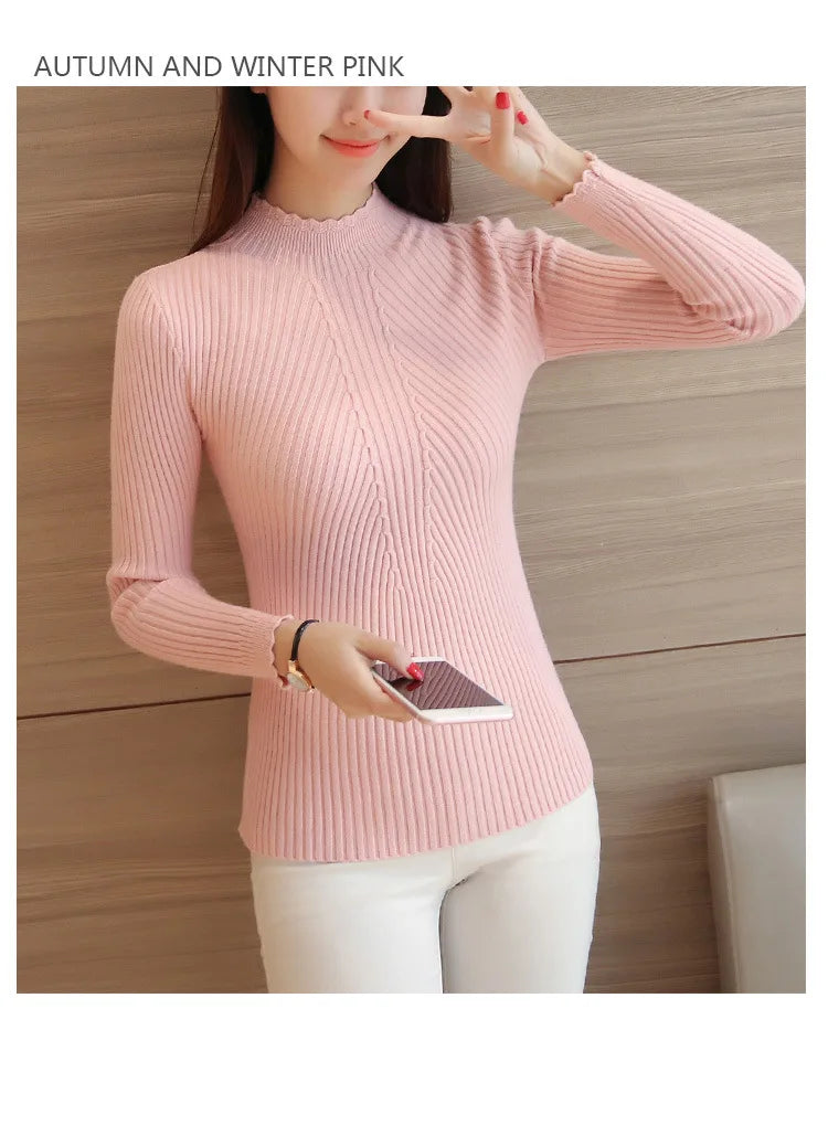 2025 Autumn Women Mock Neck Ruffles Sweater Long Sleeve Knitted Bottoming Solid Pullovers Stripe Women Casual Sweater Winter
