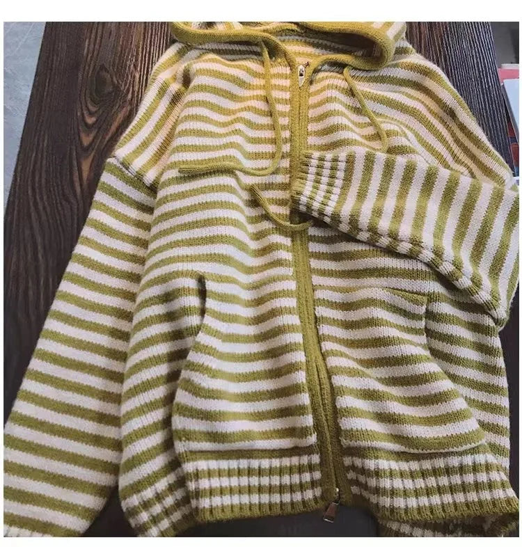 Oversized Knitted Striped Hooded Cardigan Women Autumn Winter Loose Casual Zipper Sweaters Versatile Knitting Outerwear