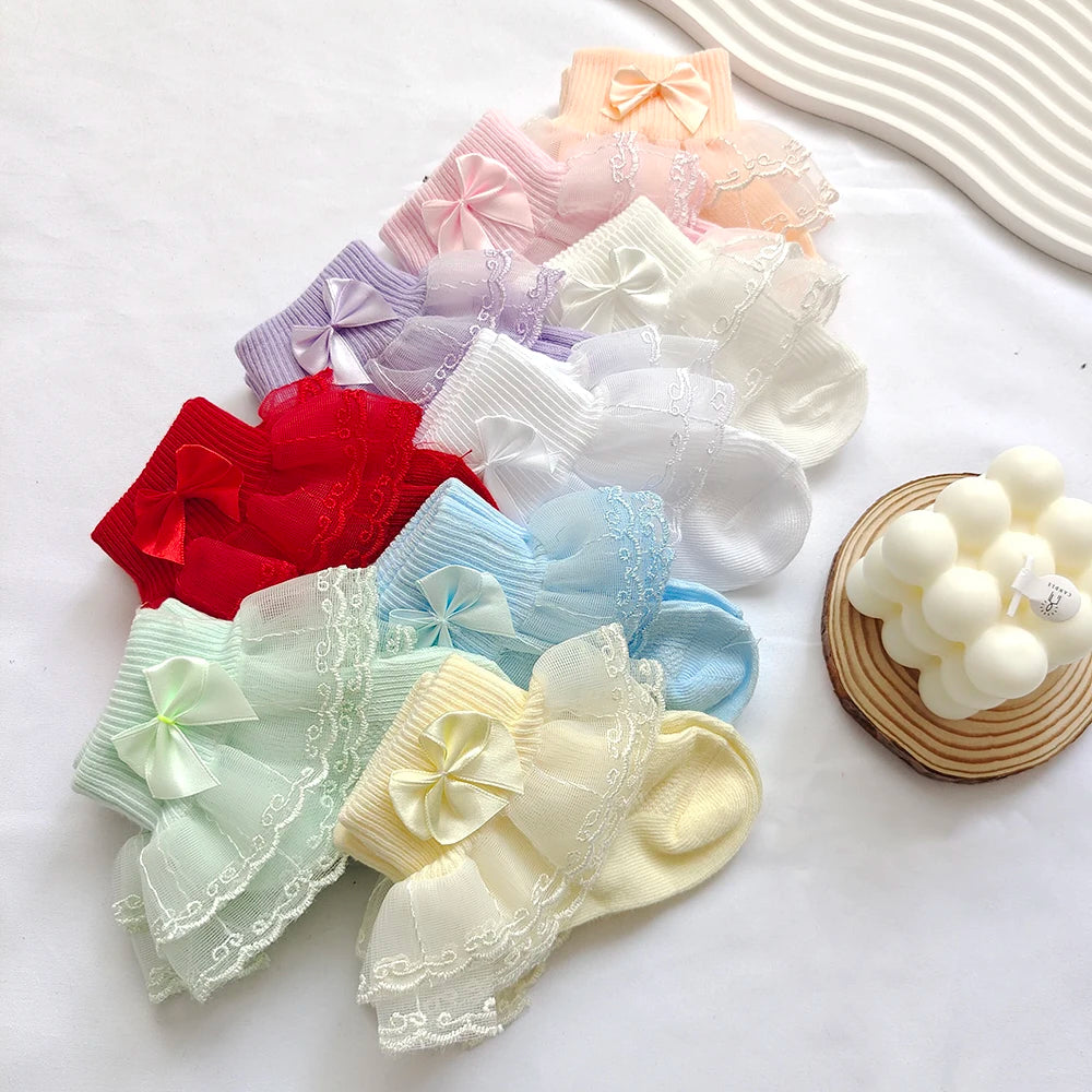 0-9Y Baby Cotton Socks With Lace Girls Ankle Socks Bows Toddlers Floor Sock Cute Frilly Socks For Children Girls Princess Sock