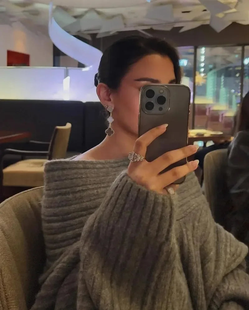 Tuularose Women's Off-Shoulder Sweater Fashion Loose Casual Brown Retro Pullover Spring High Street Office Lady Tops Knitwear