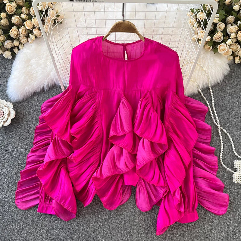 Women Spring Autumn Blouse New European American Vintage Round Neck Ruffle Loose Long Sleeved Foreign Style Irregular Top D2338