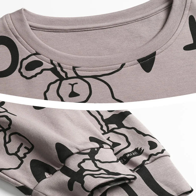 Plus Size Men Pajamas Autumn Winter Long-Sleeved Loose Leisure Cartoon Bear Striped 2PCS/Set Black O-Neck Soft Casual Loungewear