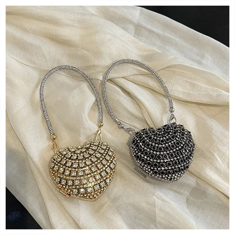 Luxury Mini Diamond Inlay Heart Shape Crystal Clutch Purse Stones Evening Wedding Party Shoulder Bag Handle Rhinestone Handbags