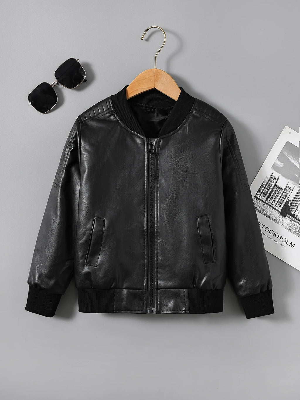 Children's Clothing for Boys, Pu Leather Jacket for Older Kids, Spring and Autumn Motorcycle Style Jacket, Black Baseball Jacket, Pu Leather Jacket in Chocolate Color, Autumn and Winter Jacket