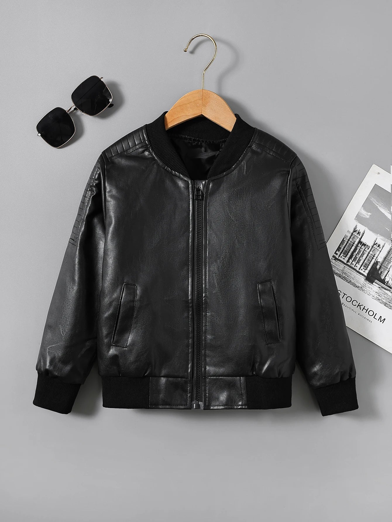 Children's Clothing for Boys, Pu Leather Jacket for Older Kids, Spring and Autumn Motorcycle Style Jacket, Black Baseball Jacket, Pu Leather Jacket in Chocolate Color, Autumn and Winter Jacket