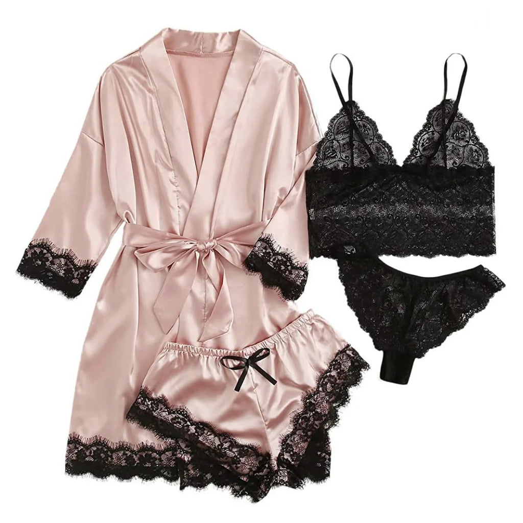 new Women's Sleep Lounge New Pajama Sets European American 4-piece set with lace satin suspender summer set for sleeping pajamas