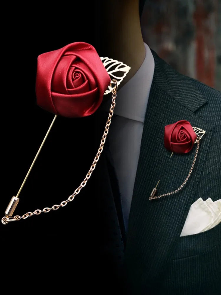 Burgundy Boutonnieres Wedding Accessories Groom Corsage Lapel Pins Ribbon Rose Flower Women Buttonhole Brooch Mariage Prom Decor