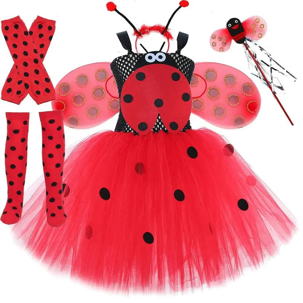 Black Red Lady Beetle Costumes for Baby Girls Ladybird Tutu Dress with Wings Kids Halloween Outfit Children Birthday Clothes