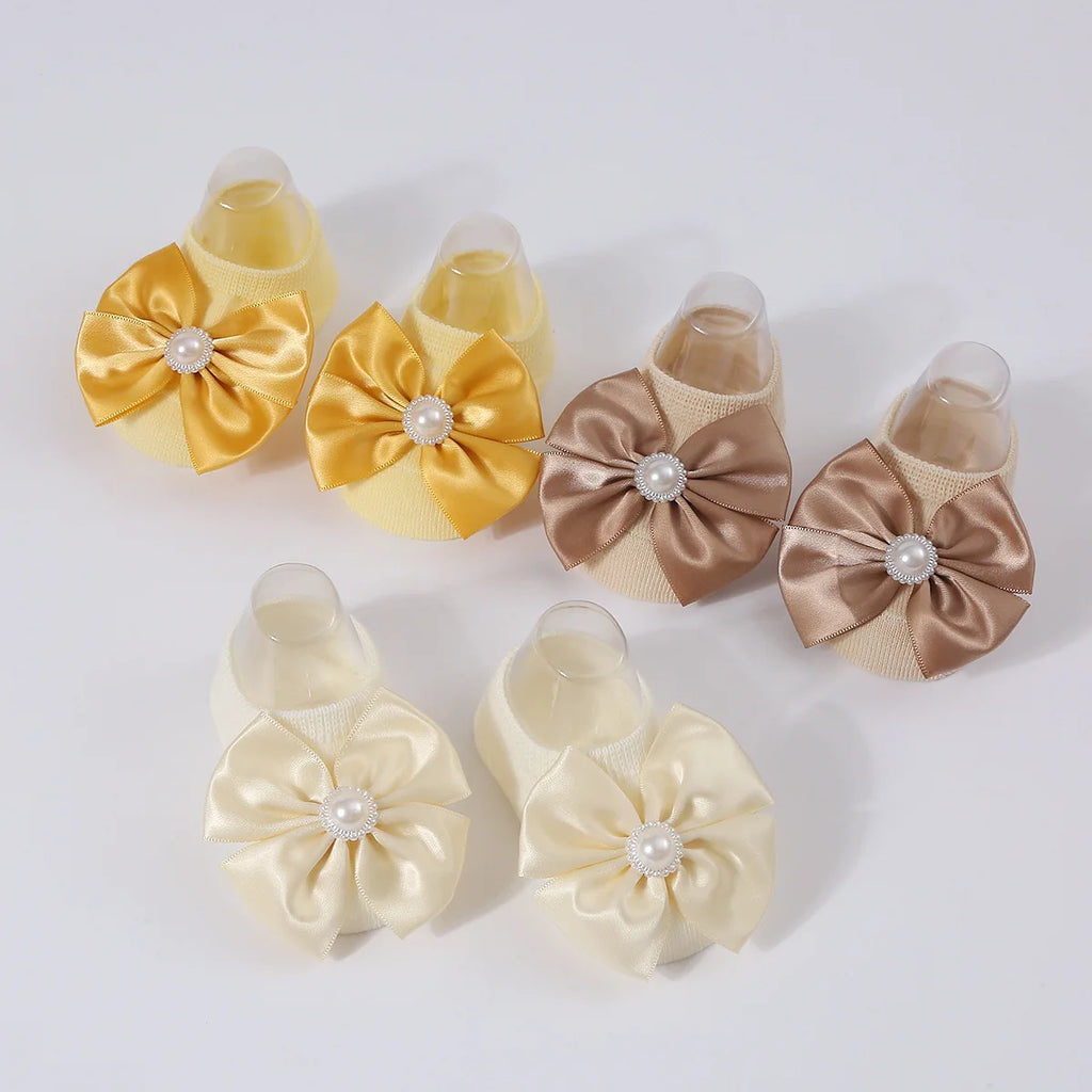 1Set New Baby Pearl Bowknot Headbands Socks Newborn Toddler Soft Prewalker Sock Girl Infant Cute Knitted Cotton Hairband Socks