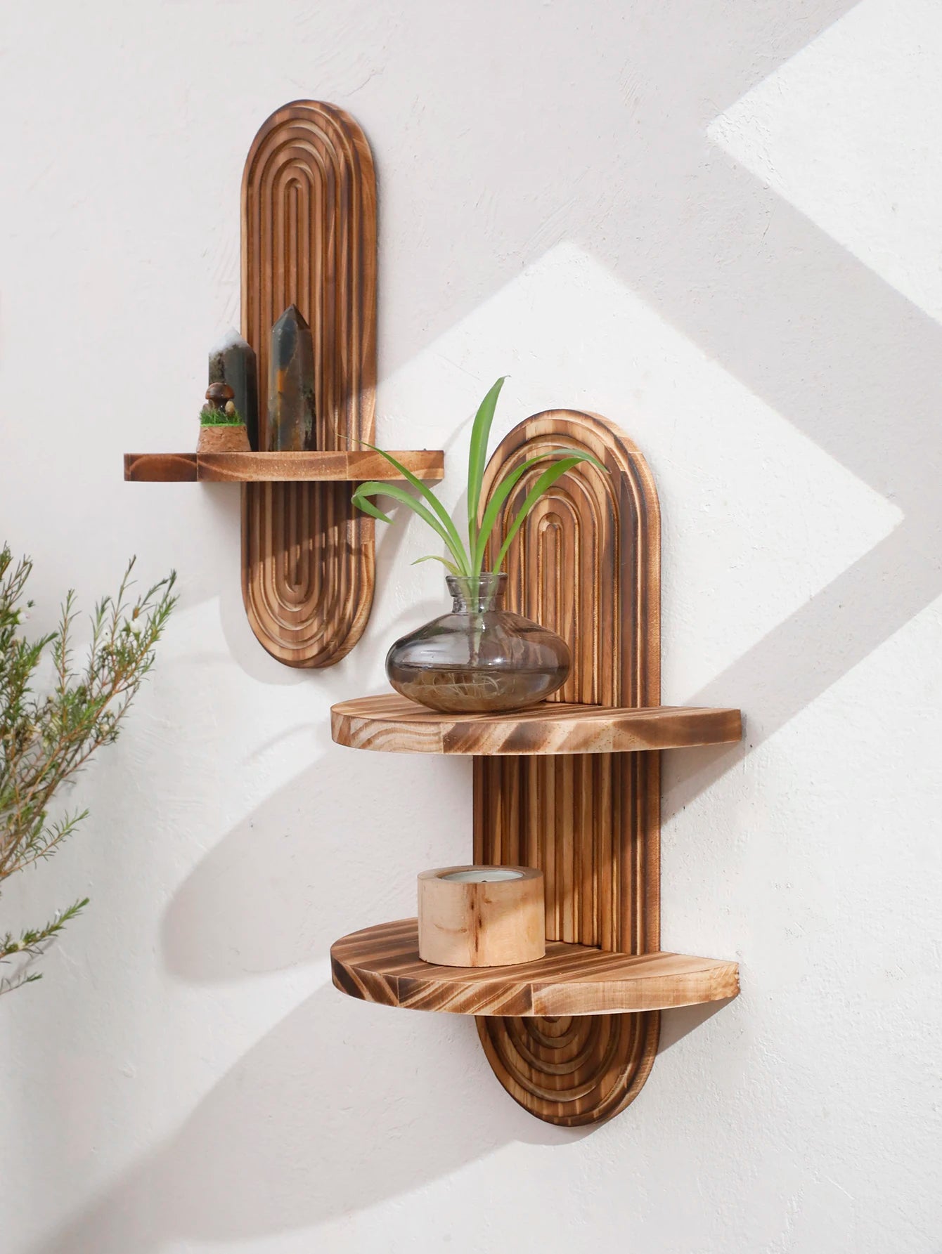 1Pc Boho Style Wooden Wall Shelves - Geometric Wall Mounted Shelves, Natural Wood Finish, Modern Home Decor, Plant Decorative