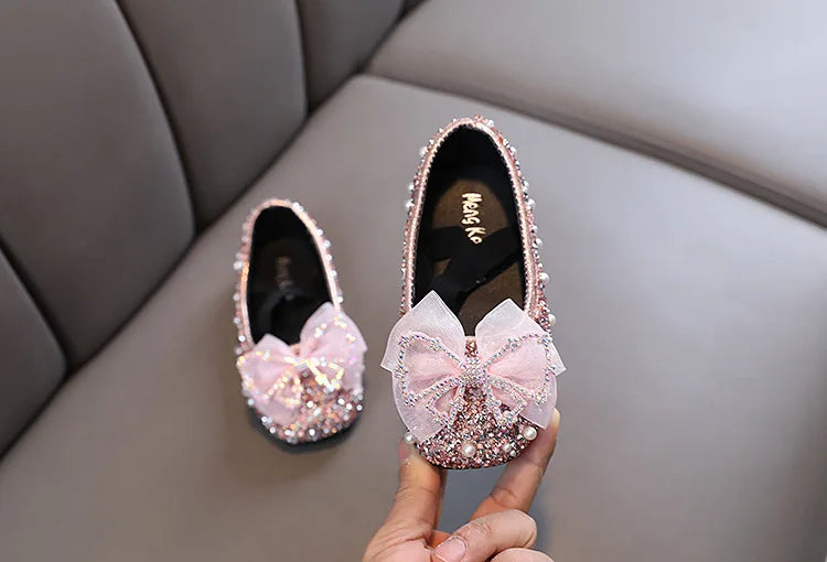 Girls Princess Shoes Glitter Luxury Party Shallow Children Ballet Flats 21-36 Elastic Band Fashion Lace Bowknot Kids Dance Shoes