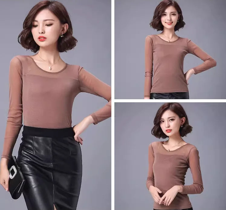 Autumn Winter Black White Bottoming Shirt Round Neck Solid Mesh T Shirt Korean Fashion Women Tops