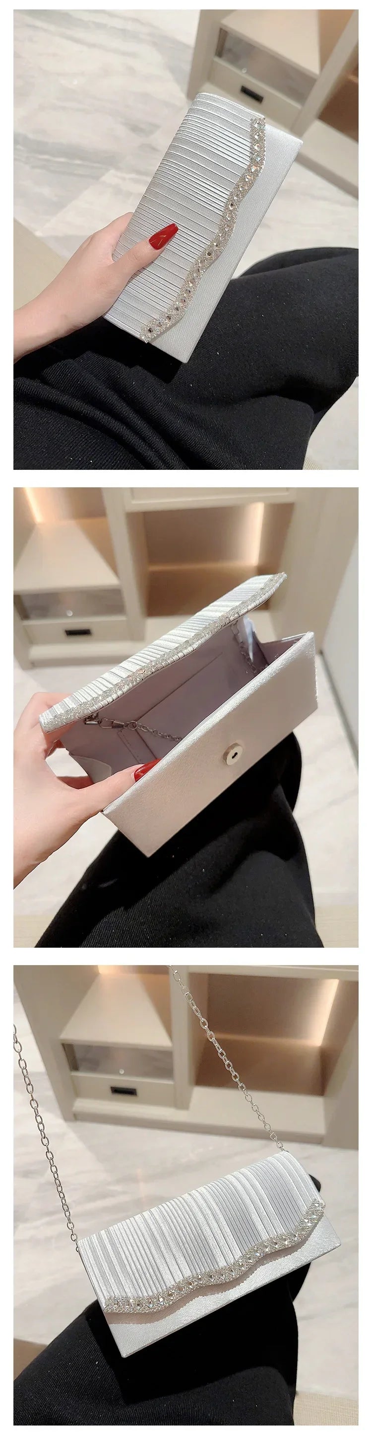 Wedding Party Handbag Ladies Glitter Silver Clutch Bag Envelope Evening Bag Fashion Elegant Long Purse Women Chain Shoulder Bags