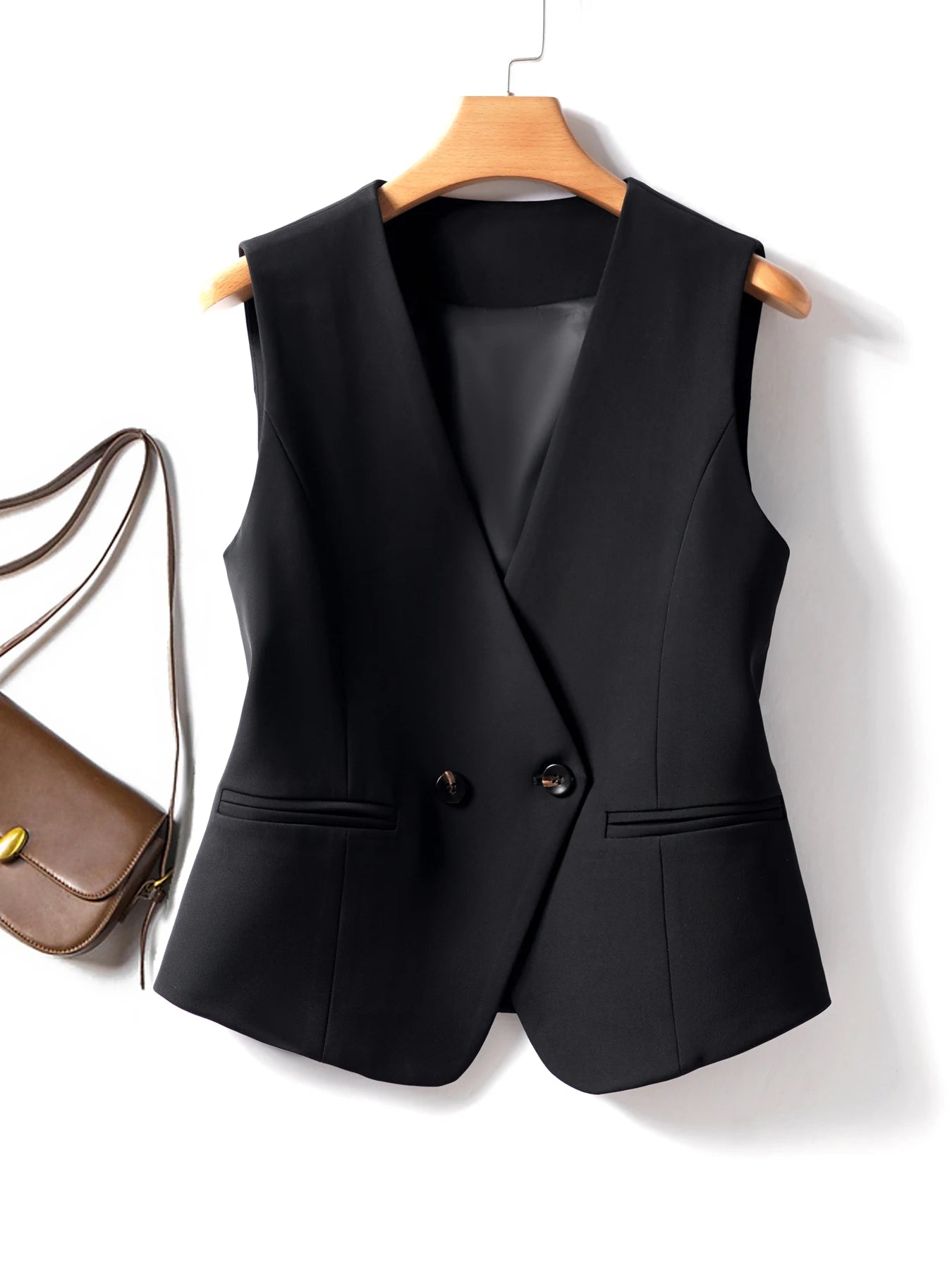 Black V-neck short double-breasted vest women's jacket spring and autumn workplace Slim and thin