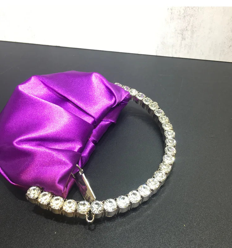 Lady Blue/Pink Diamond Circular Evening Bag Women Fushia Round Handle Rhinestone Dinner Clutch Purse Ladies Half Moon Handbags