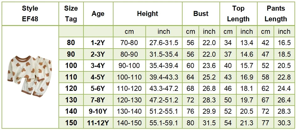 Spring Winter Kids Long Sleeve and Pants Pajamas Set Soft Breathable Baby Sleepwear Cartoon Bear AC Room Wear Boys Girls Clothes