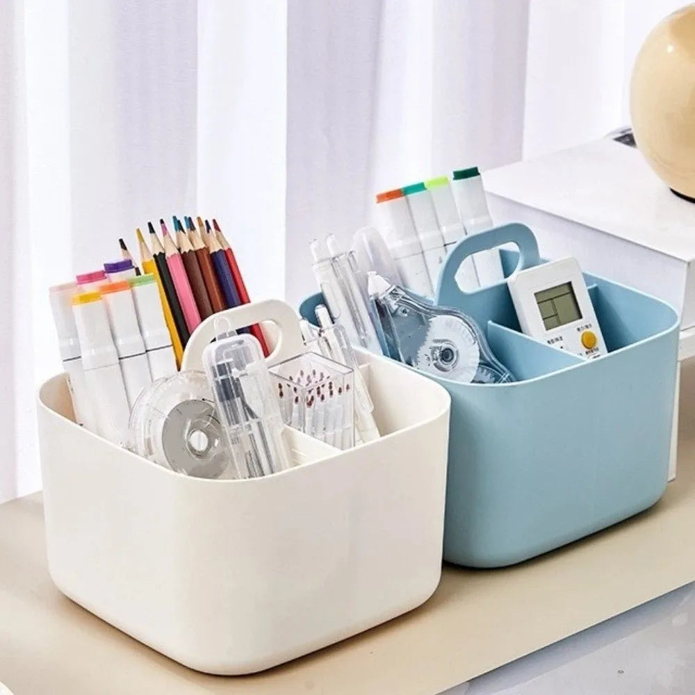 Plastic Cosmetic Organiser Multi-compartment with Handle Split Pen Organiser Divider Sorting Desk Storage Basket Office