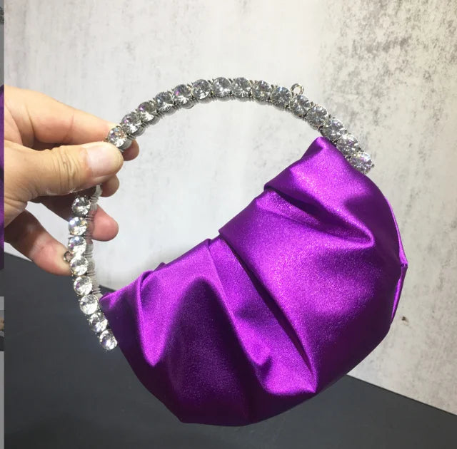 Lady Blue/Pink Diamond Circular Evening Bag Women Fushia Round Handle Rhinestone Dinner Clutch Purse Ladies Half Moon Handbags