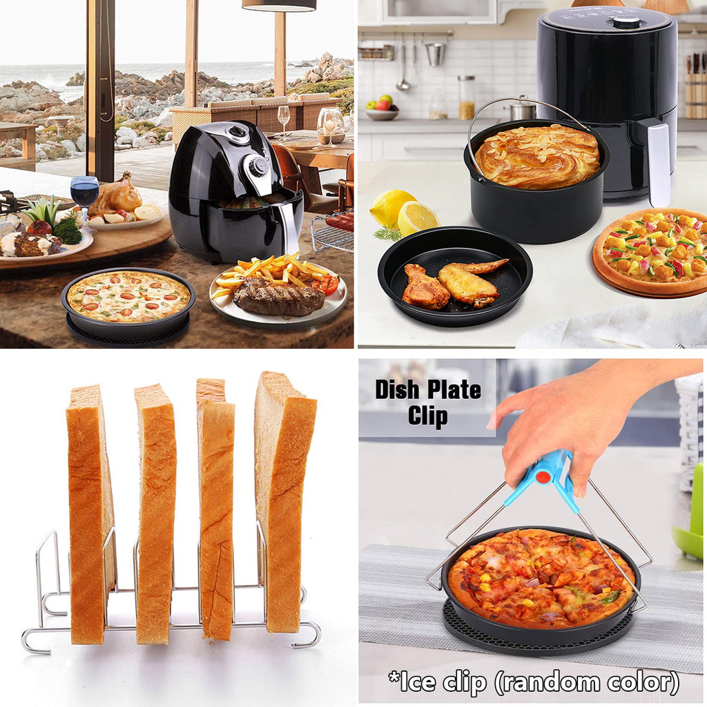 10Pc Air Fryer Accessories Set Food-grade Air Fryer Accessories with Cake Basket Pizza Pan Stainless Steel Skewer Rack Oil Brush