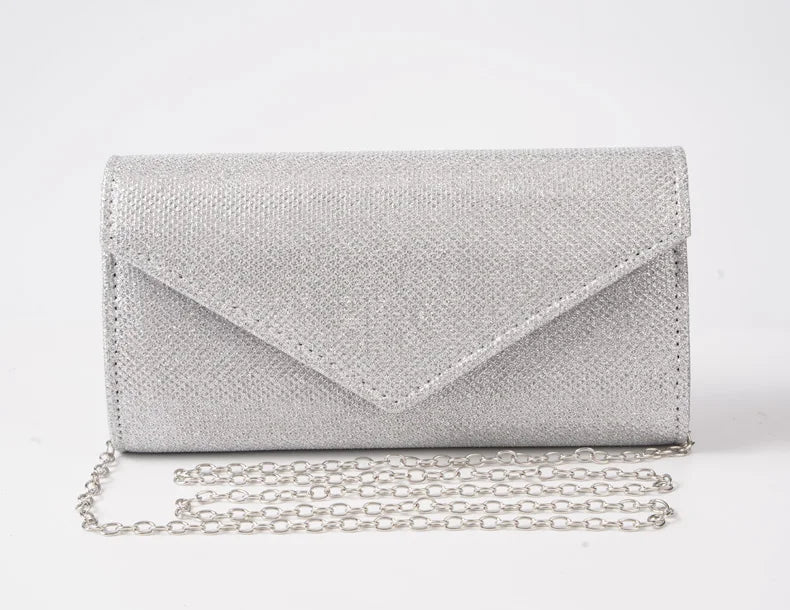 Women Envelope Evening Bag Glitter Ladies Chain Shoulder Bags Shiny Silver Long Purse Female Wedding Party Clutches Mini Handbag
