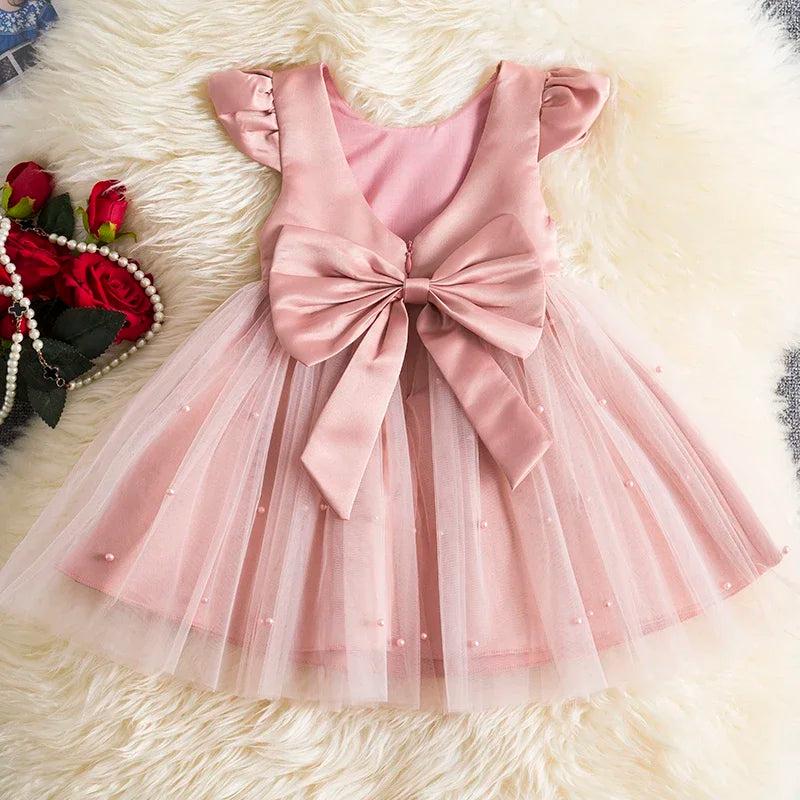 Toddler Girl Flower Birthday Tulle Dress Backless Bow Wedding Gown Kids Party Wear Princess Pink Outfit Baby Girls Bowknot Dress