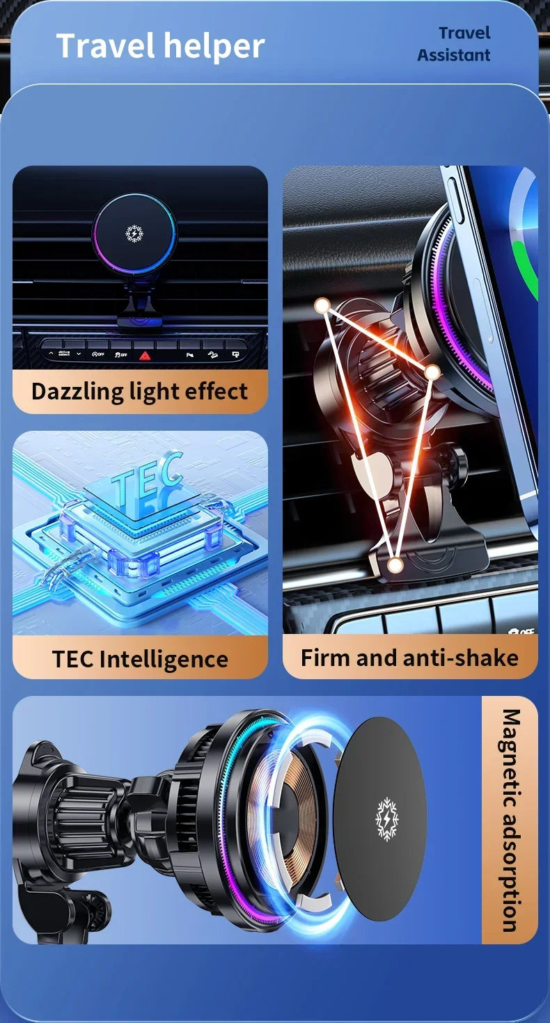 30W Ice Cooling Magnetic Wireless Car Charger Fast Charging Station for iPhone15 14 13 12 Pro Max MacSafe Car Phone Holder Stand