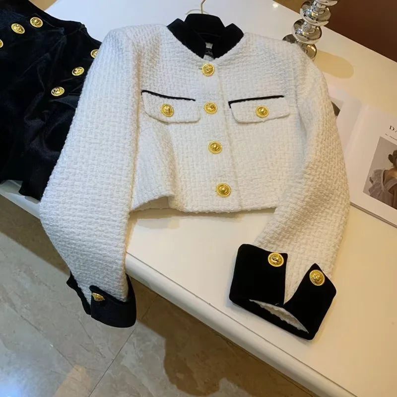 Fashion Stitching Tweed Short Jacket Women Autumn Winter Elegant Office Lady Coat Y2K Korean O Neck Single Breasted Crop Outwear
