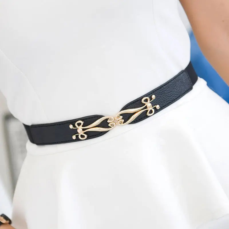Women belt Elastic Waistband Thin Stretch Wrap Buckle Waist Belt Elegant Cummerbunds Fashion Leaf Belt for Dress Accessories