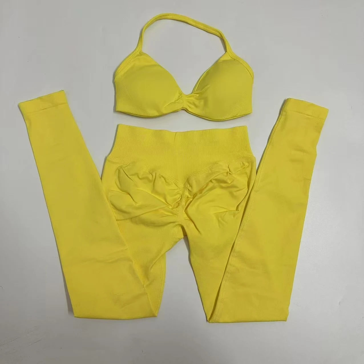 Seamlessyoga Set Women Workout Scrunch Leggings Set Strappy Halter Sports Bra Fitness Gym Clothing Workout Set 2 Pieces
