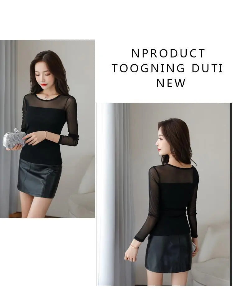 Mesh Bottoming Shirt for Women Long-sleeved T-shirt Autumn Winter New Korean Style Round Neck Slim Shirt with Tight Top Inside