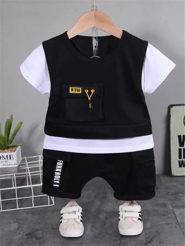 New Children Cotton Clothes Summer Kids Boys Patchwork T Shirts Shorts Pants 2Pcs/sets Infant Kids Toddler Tracksuits 0-5 Years