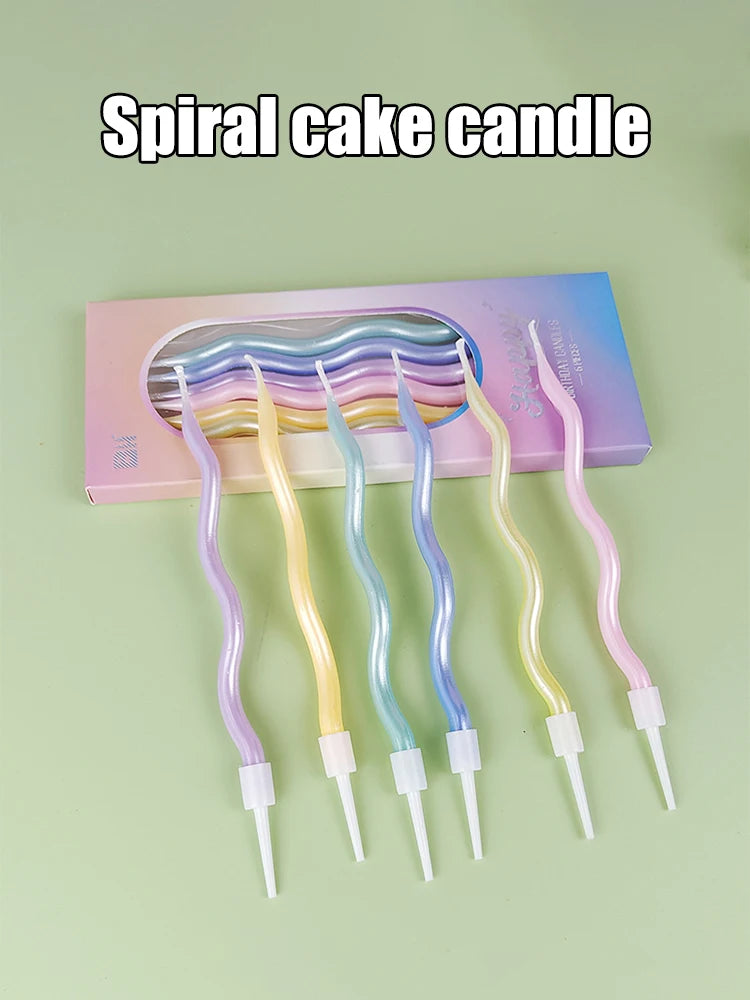 Six Birthday Candles In Various Colors, Including Curved, Rotating, Spiral Cakes, For Baking