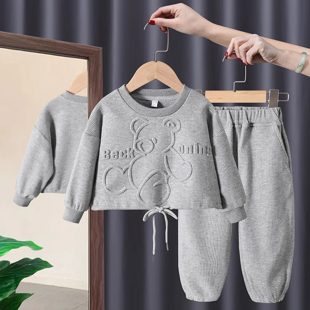 Spring Autumn Baby and Girls Cartoon Embossed Drawstring Sweatshirt+Sweatpant Kids 2PCS Tracksuit Child Outfit Jogger Set 1-9 Yr